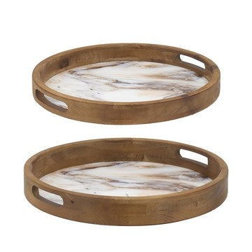 Decorative Trays | 18", 15" | Round | Marble Effect | Brown Frame