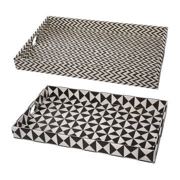 25 Inch Decorative, Black White Wood Trays, Art Deco Geometric, Set of 2 By Casagear Home