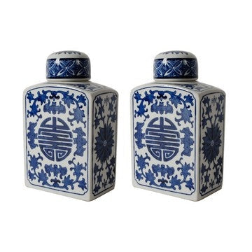 9 Inch Ceramic Lidded Jar, Rectangular Blue Orchid and Flowers, Set of 2 By Casagear Home