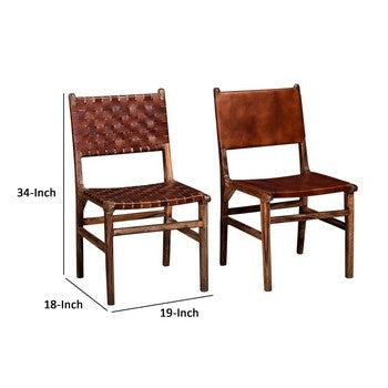 34 Inch Set of 2 Wood Dining Chairs Leather Woven Back and Seat Brown By Casagear Home BM286399