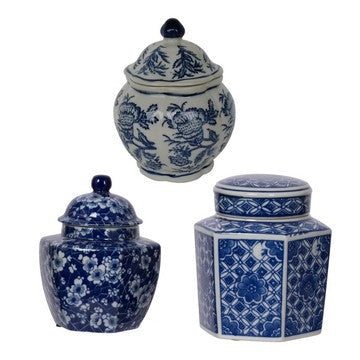 6, 6, 7 Inch Lidded Jars, Persian Inspired Blue Flowers, Curved, Set of 3 By Casagear Home