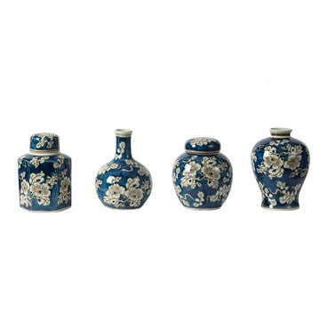 Set of 4 Lidded Jars and Vases, Classic Curved Round Blue and White Ceramic By Casagear Home