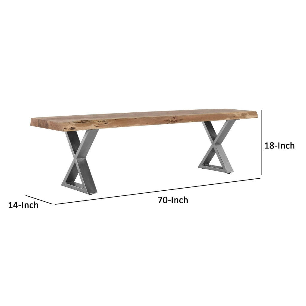 70 Inch Wood Dining Bench Farmhouse Design Crossed Legs Brown Chrome By Casagear Home BM286415