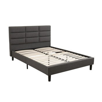 Rin Queen Size Platform Bed, Charcoal Gray Upholstery, Panel Headboard By Casagear Home