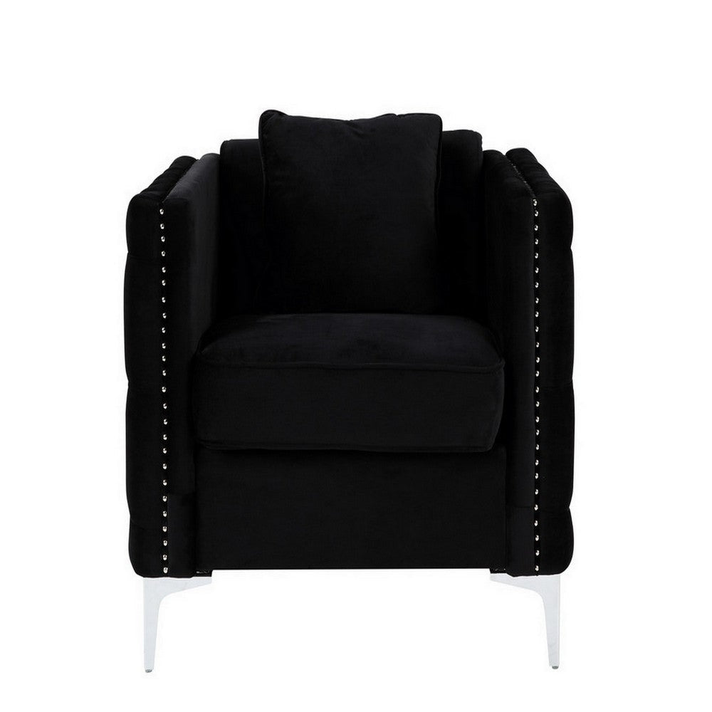 Zion 34 Inch Accent Chair with Throw Pillow Handmade Tufted Black Velvet By Casagear Home BM286569