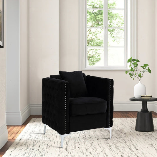 Zion 34 Inch Accent Chair with Throw Pillow, Handmade Tufted, Black Velvet By Casagear Home