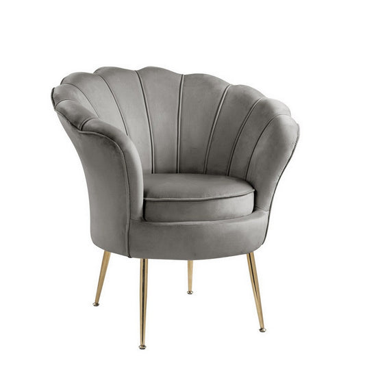Lotus 34 Inch Barrel Accent Chair, Channel Tufted Scallop Back, Gray Velvet By Casagear Home