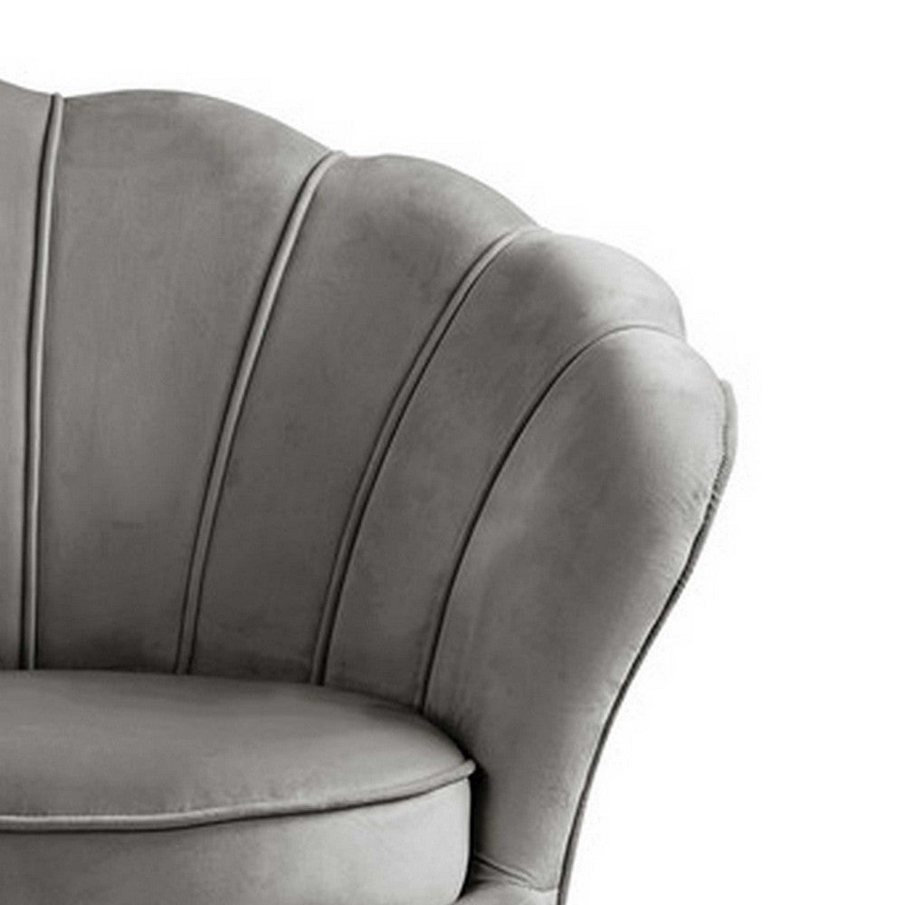 Lotus 34 Inch Barrel Accent Chair Channel Tufted Scallop Back Gray Velvet By Casagear Home BM286573