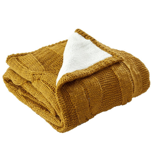 Lois 50 x 60 Throw Blanket with Cable Knit and Sherpa, Acrylic, Gold, White By Casagear Home