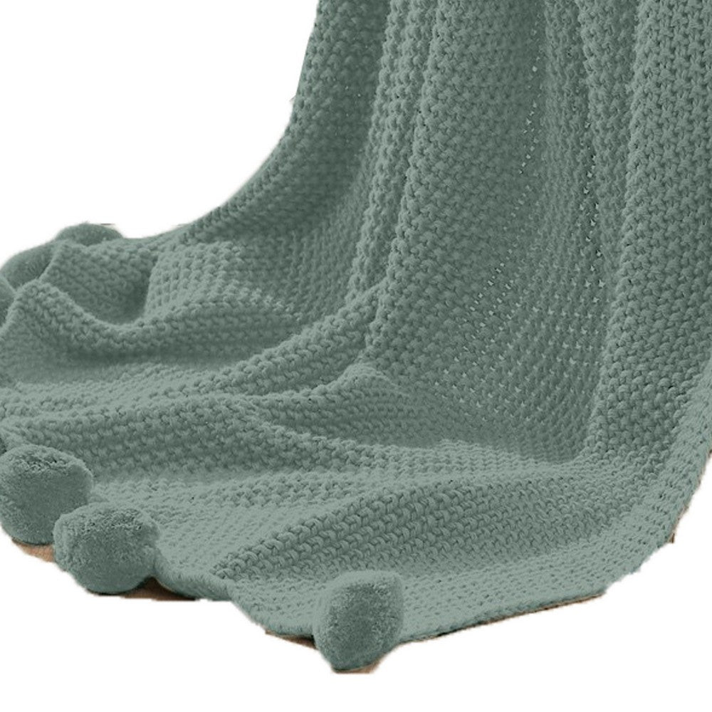 Nick 50 x 70 Soft Throw Blanket Acrylic Knit Pom Pom Accents Ivy Green By Casagear Home BM287503