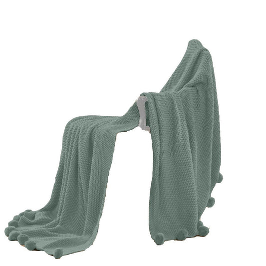 Nick 50 x 70 Soft Throw Blanket, Acrylic Knit, Pom Pom Accents, Ivy Green By Casagear Home