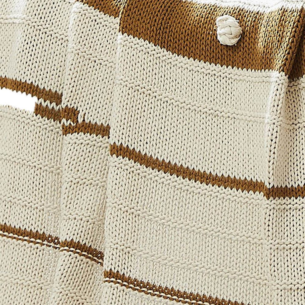 Kai 50 x 70 Throw Blanket with Fringes Soft Knitted Cotton Ivory Gold By Casagear Home BM287506