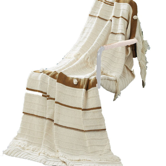 Kai 50 x 70 Throw Blanket with Fringes, Soft Knitted Cotton, Ivory, Gold By Casagear Home