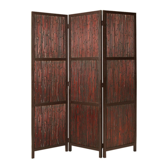 72 Inch 3 Panel Privacy Screen, Hardwood Frame, Bamboo Strips, Brown, Red By Casagear Home