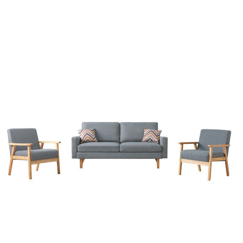 Gala Sofa Set | 3 Piece | Light Gray Fabric | Brown Wood Frame