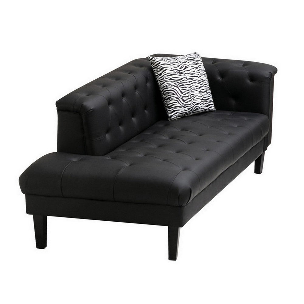 Ella 77 Inch Chaise with Pillow, Deep Button Tufted, Black Vegan Leather By Casagear Home