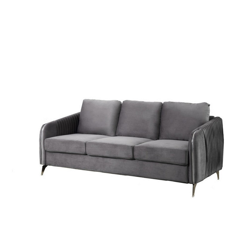77 Inch Modern Sofa, Vertical Quilted Design, Light Gray Velvet Fabric By Casagear Home