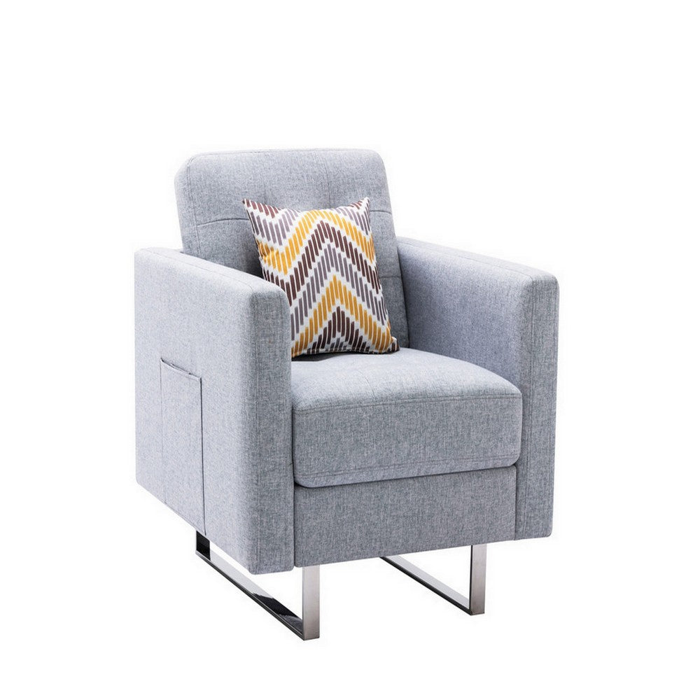 Lewa 34 inch Modern Accent Armchair, Silver Metal Legs, Tufted, Light Gray By Casagear Home