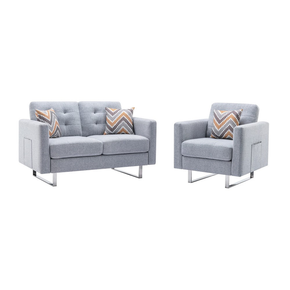 Lewa Armchair and Loveseat Set, Tufted Seat, Silver Metal Legs, Light Gray By Casagear Home