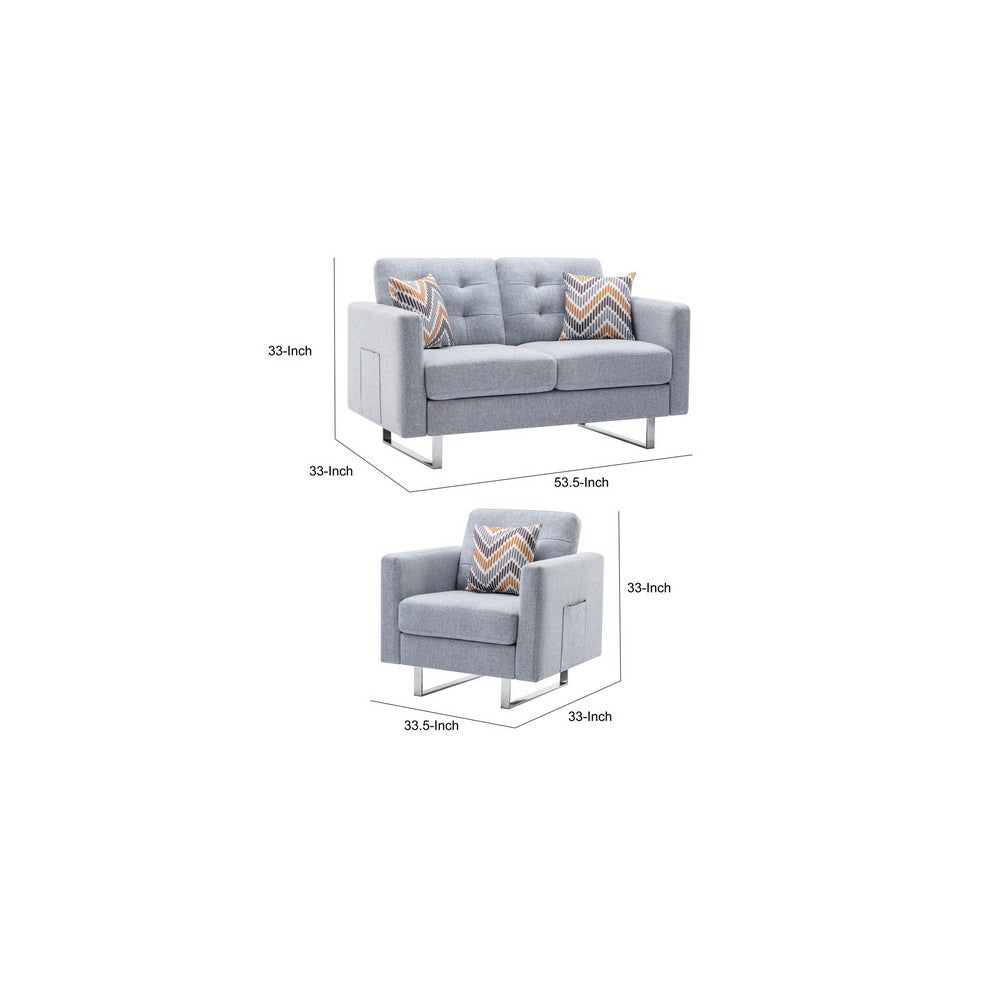 Lewa Armchair and Loveseat Set Tufted Seat Silver Metal Legs Light Gray By Casagear Home BM287610