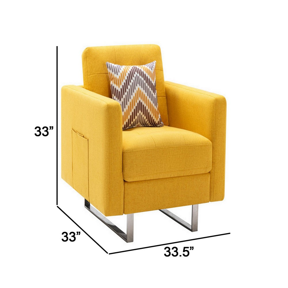 Lewa 34 inch Modern Accent Armchair Silver Metal Legs Tufted Seat Yellow By Casagear Home BM287619