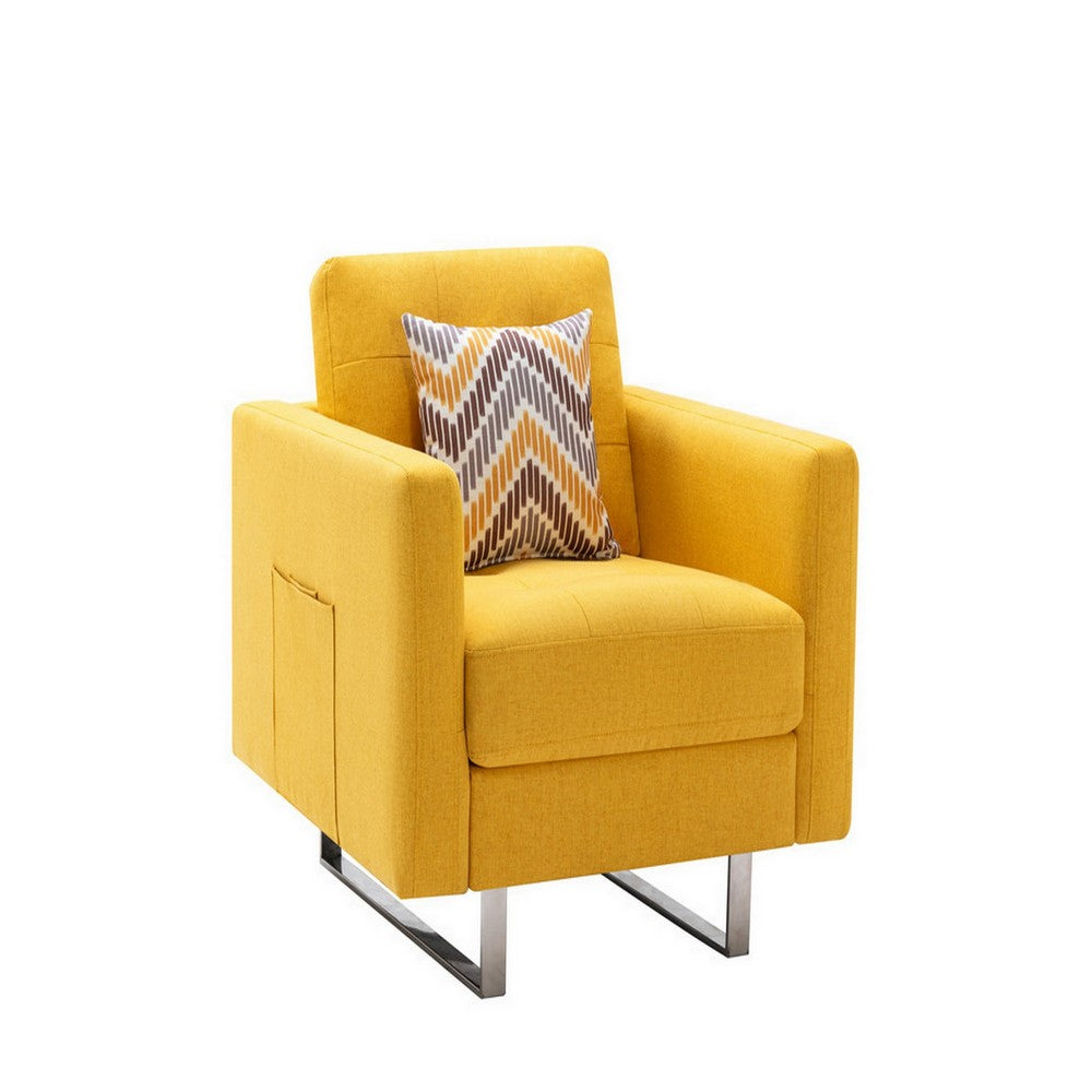 Lewa 34 inch Modern Accent Armchair, Silver Metal Legs, Tufted Seat, Yellow By Casagear Home
