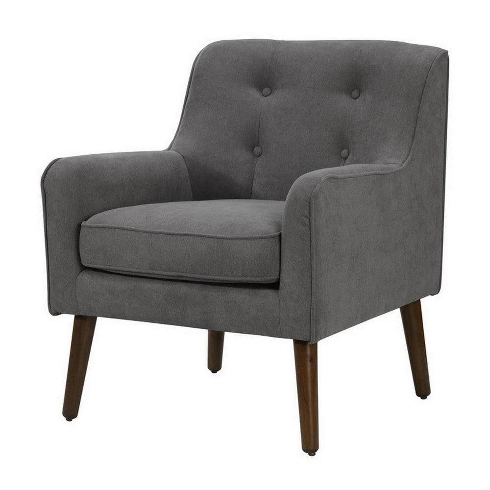Kina 28 Inch Accent Chair, Gray Fabric, Button Tufted, Angled Wood Legs By Casagear Home