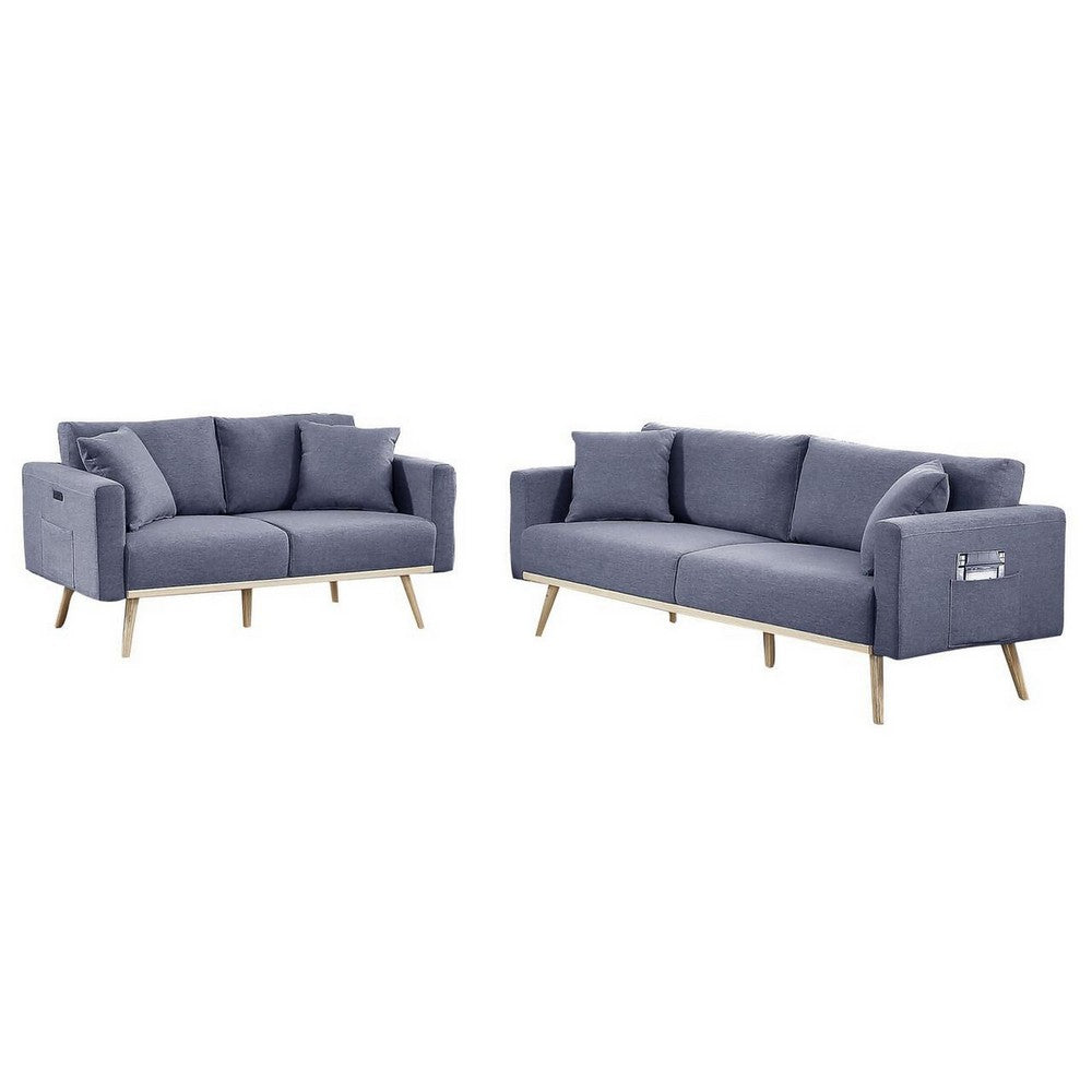 Mico 75 Inch 2 Piece Sofa and Loveseat Set, USB Ports, Dark Gray Fabric By Casagear Home