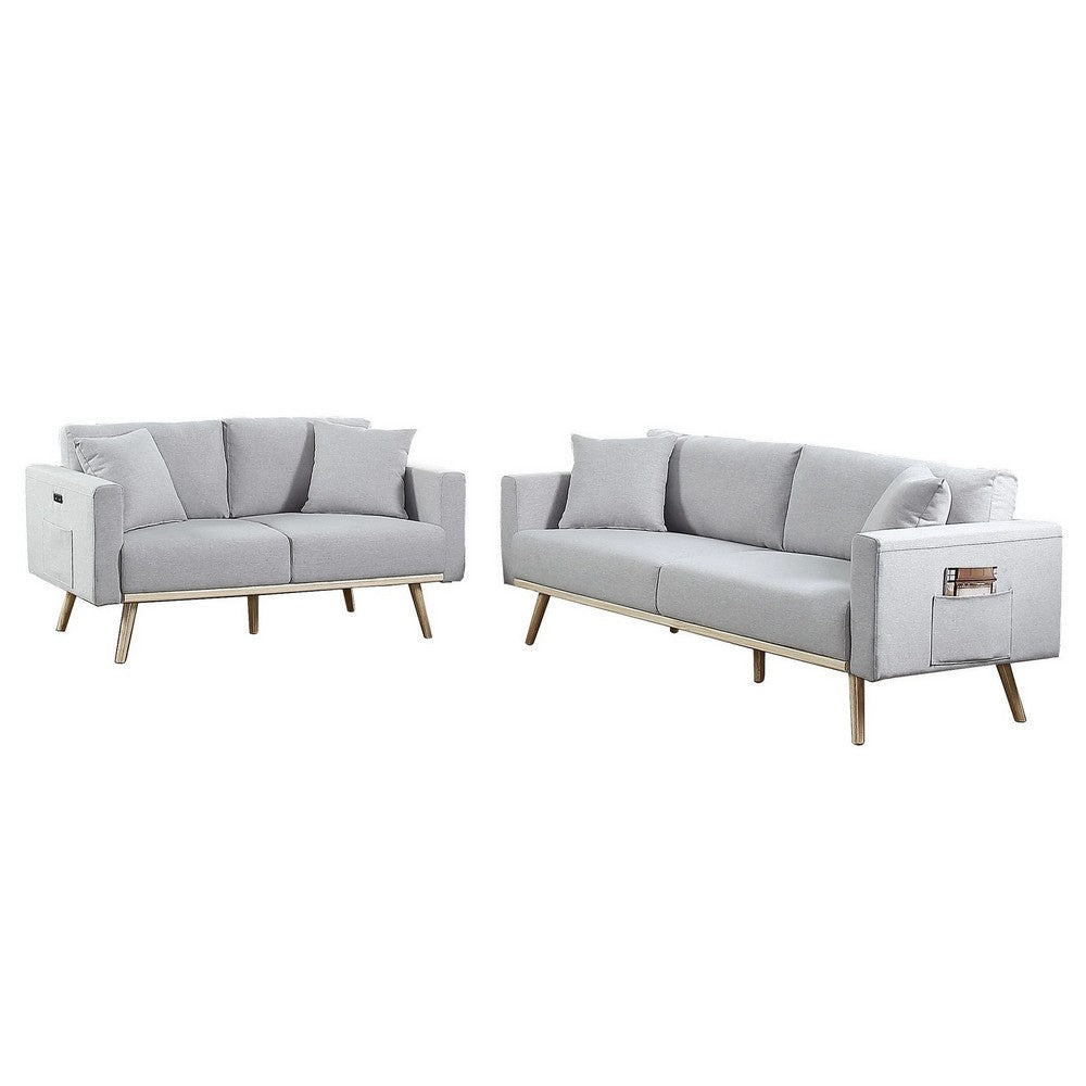 Mico 75 Inch 2 Piece Sofa and Loveseat Set, USB Ports, Light Gray Fabric By Casagear Home