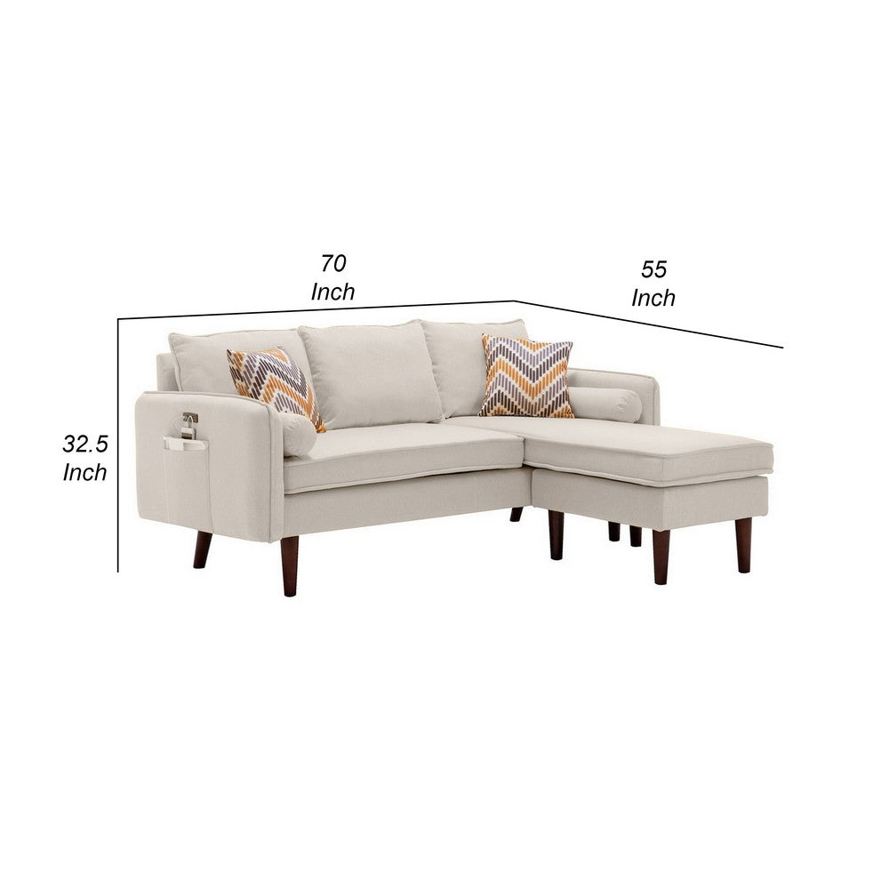Ranon 70 Inch Sectional Chaise Sofa USB Charging Port Side Pocket Beige By Casagear Home BM287653