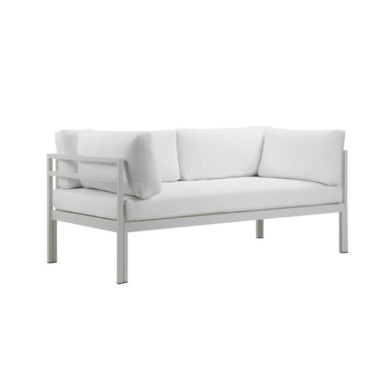 Cilo 65 Inch Outdoor Sofa, White Water Resistant Fabric, Aluminum Frame By Casagear Home