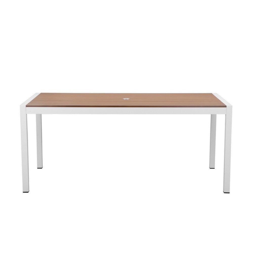 Fifi 71 Inch Outdoor Dining Table, Brown Polyresin Top, White Metal Frame By Casagear Home