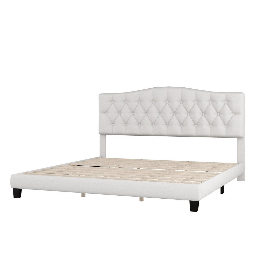 Cody King Size Platform Bed with Diamond Button Tufted Headboard, Beige By Casagear Home