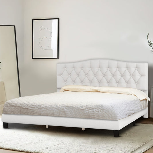 Cody King Size Platform Bed with Diamond Button Tufted Headboard, Beige By Casagear Home