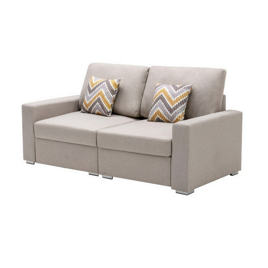 Meg 67 Inch Modern Loveseat with Throw Pillows, Adjustable Height, Beige By Casagear Home