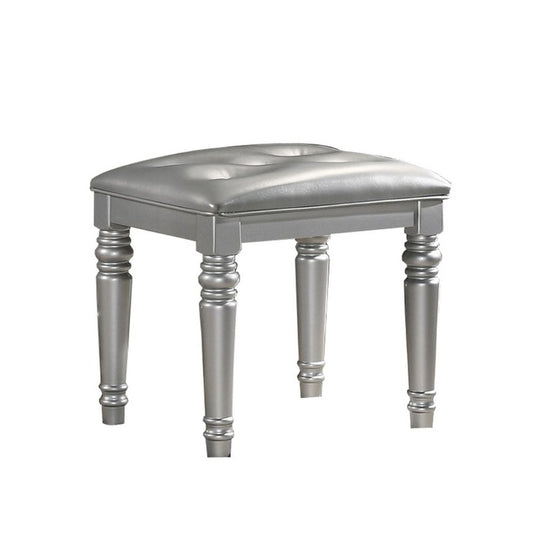 Kya 20 Inch Vanity Stool with Tufted Vegan Faux Leather Seat, Glam Silver By Casagear Home