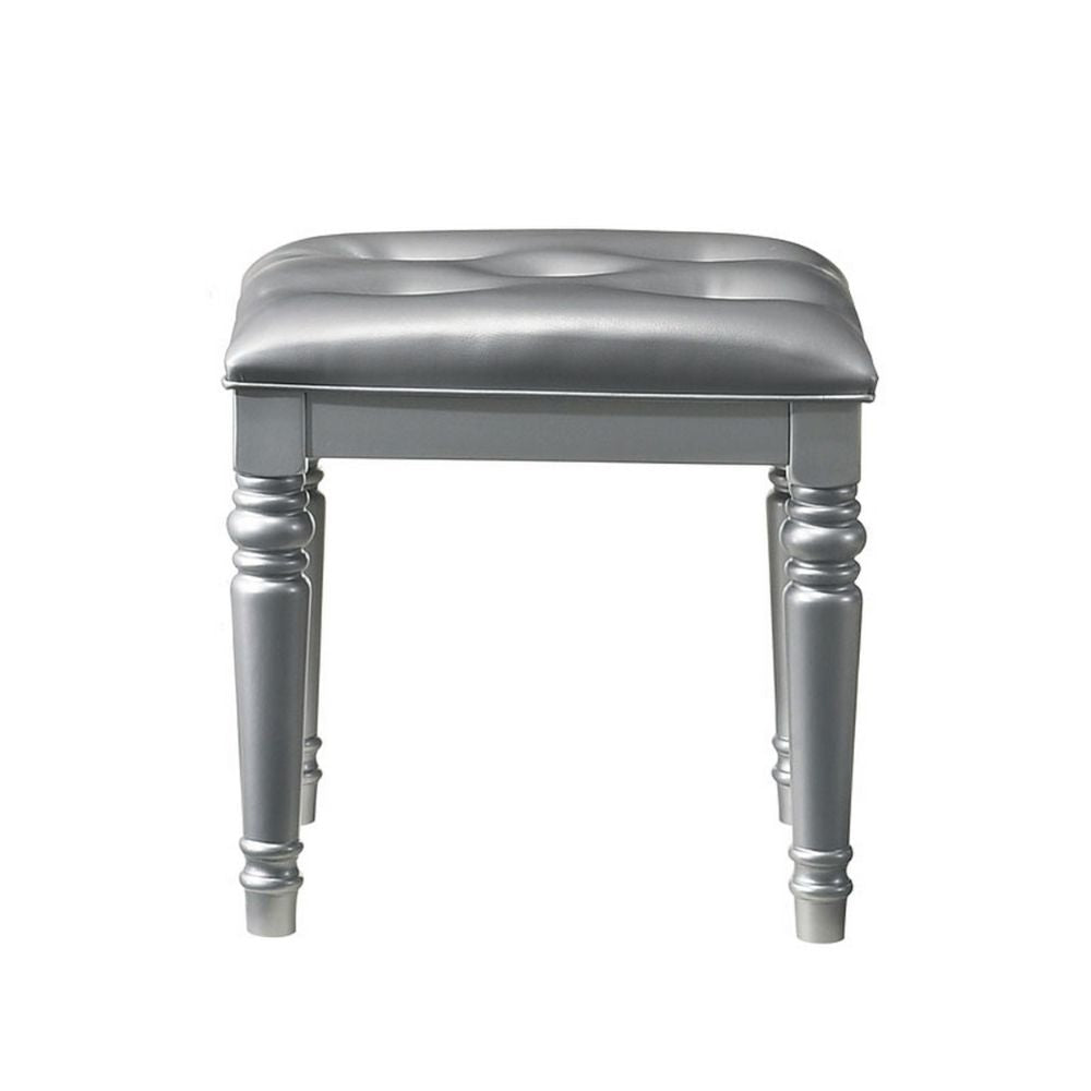 Kya 20 Inch Vanity Stool with Tufted Vegan Faux Leather Seat Glam Silver By Casagear Home BM287974