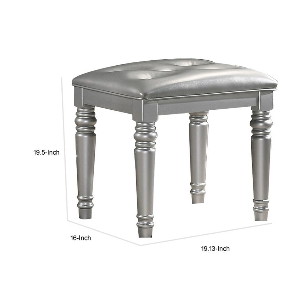 Kya 20 Inch Vanity Stool with Tufted Vegan Faux Leather Seat Glam Silver By Casagear Home BM287974