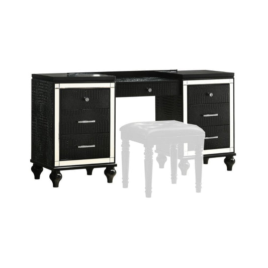 Kya 64 Inch Vanity Dresser Table with 7 Drawers, Mirrored Trim, Glam Black By Casagear Home