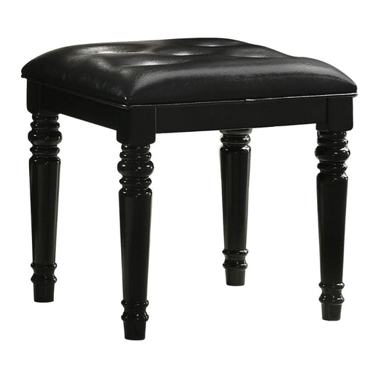 Kya 20 Inch Vanity Stool, Black Tufted Vegan Faux Leather Seat, Turned Legs By Casagear Home