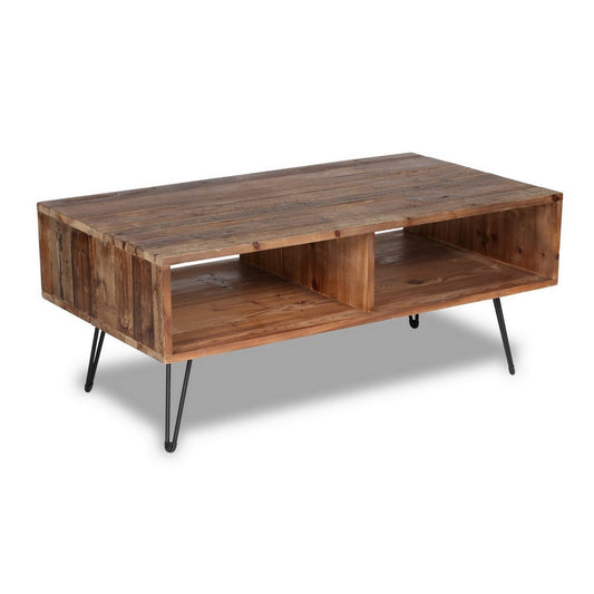 Cocktail Coffee Table | 42" | Open Compartments | Brown Wood Top