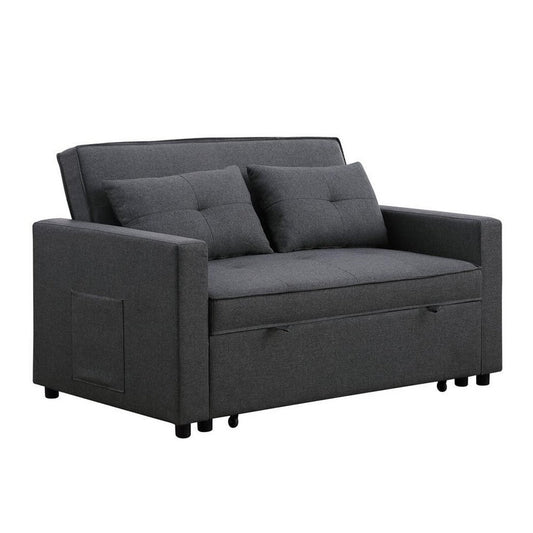 Vito 56 Inch Convertible Sleeper Loveseat with Side Pocket, Dark Gray Linen By Casagear Home