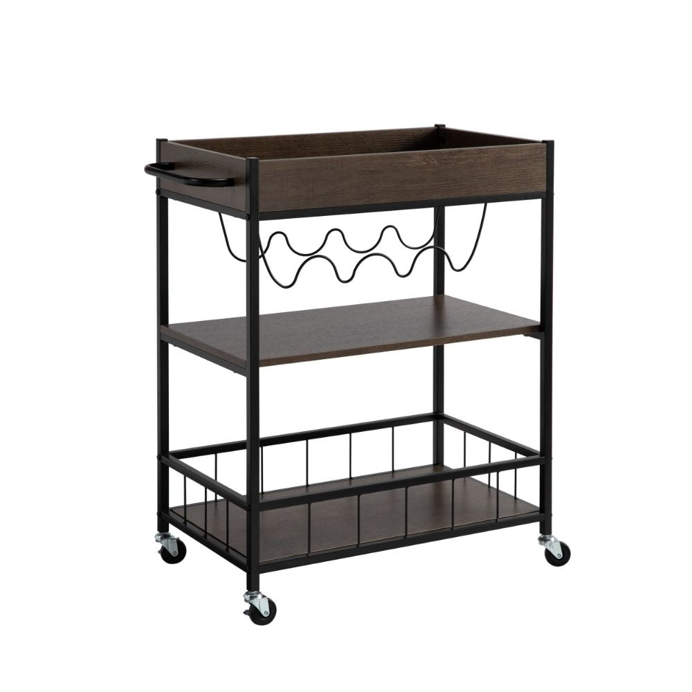 Kelcy Bar Cart | 34" | 3 Shelves | Wine Rack | Wheels | Brown