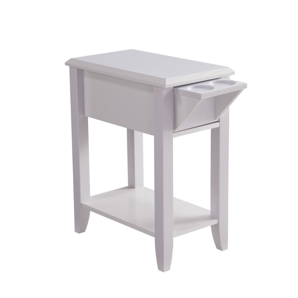 24 Inch Modern Chairside Table with Extendable Drawer and Cupholders, White By Casagear Home