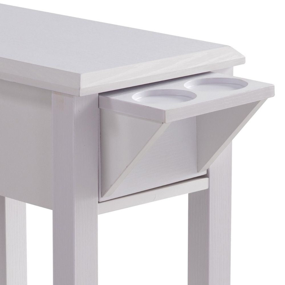 24 Inch Modern Chairside Table with Extendable Drawer and Cupholders White By Casagear Home BM293578