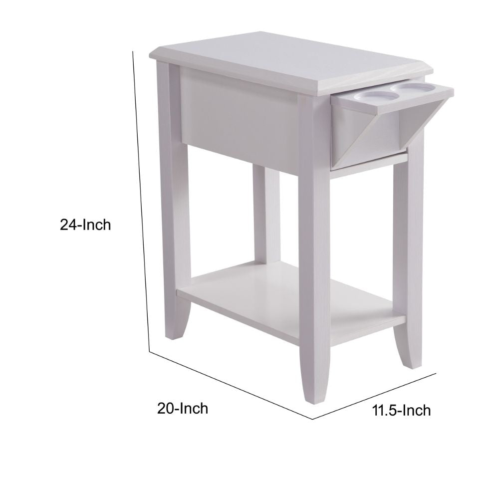 24 Inch Modern Chairside Table with Extendable Drawer and Cupholders White By Casagear Home BM293578