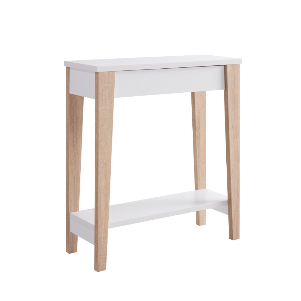34 Inch Console Table with Drawer and Shelf, Tapered Legs, White, Brown By Casagear Home