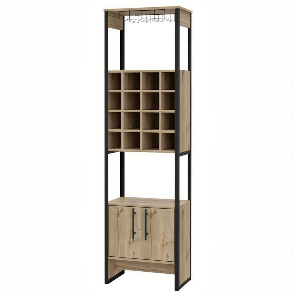 Isa 71 Inch Standing Bar Cabinet, 16 Cubbies, Natural Brown Wood Finish By Casagear Home