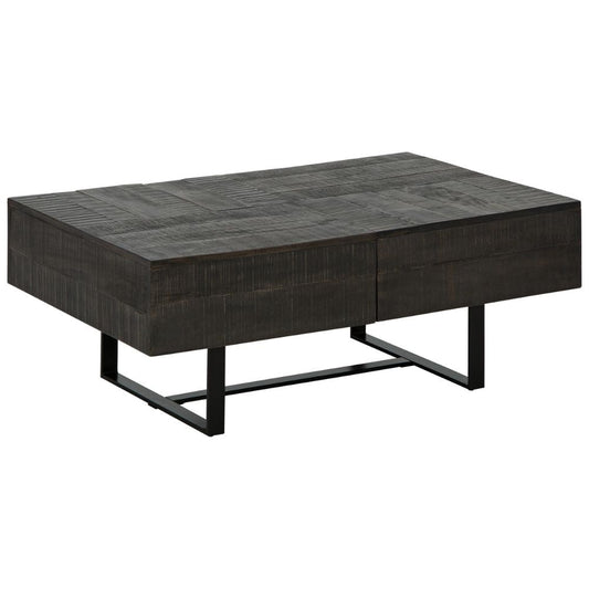 42 Inch Storage Coffee Table, Thick Cut Gray Mango Wood, Black Metal Base By Casagear Home