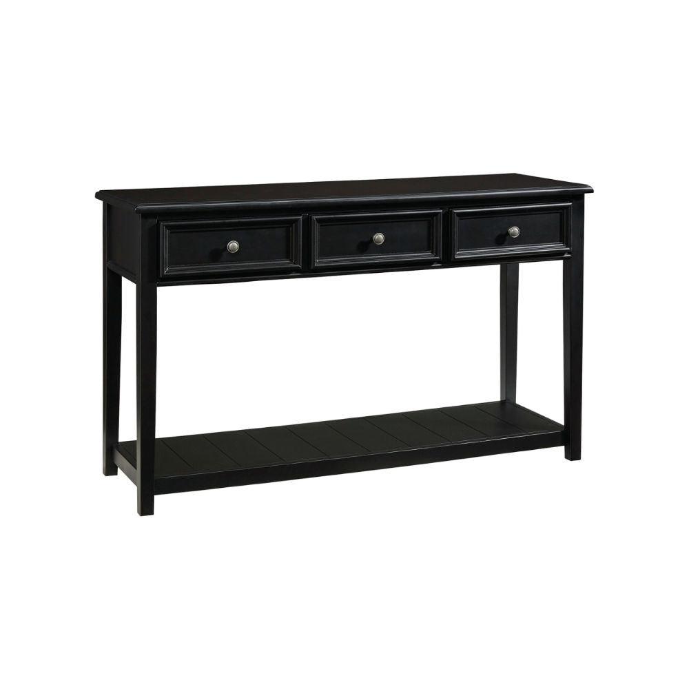 Billy 50 Inch Sofa Console Table, 3 Drawers and Plank Style Shelf, Black By Casagear Home